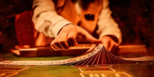 Blackjack dealer shuffling cards.