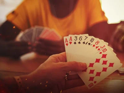 a hand of cards at the table