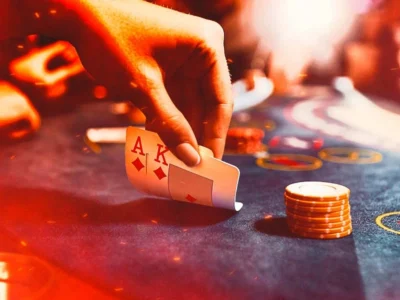 a blackjack table with cards showing